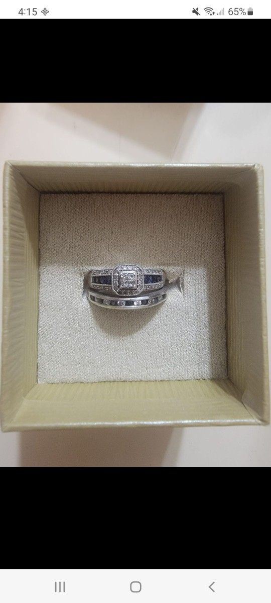 Sterling Silver Sapphire And Diamond Wedding Set