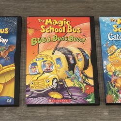 3 Magic School Bus DVDs: Creepy Crawly Fun!, Bugs, Bugs, Bugs!, and Catches A Wave.
