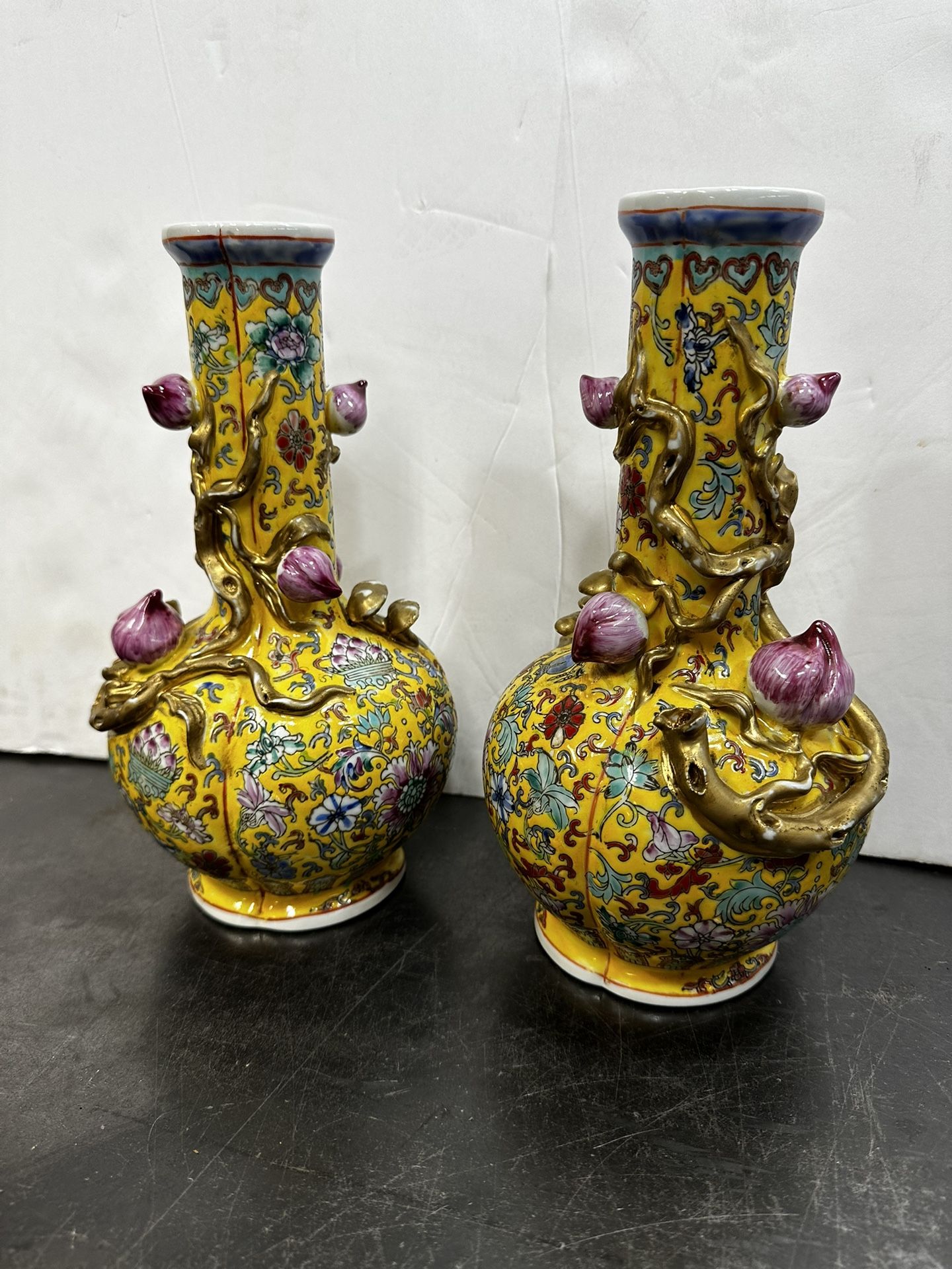 Pair Chinese Yellow Glaze Porcelain Bottle Famille June Lotus & Peach Vase Vases