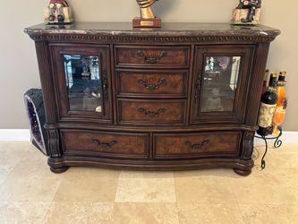 Traditional Dark Wood Dresser 5 Drawers Glass Doors Marble Top 5ft Wide