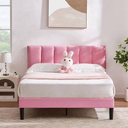 Upholstered Bedframe, Pink Metal Frame Full Platform Bed with Adjustable Headboard, Wood Slat, No Box Spring Needed
