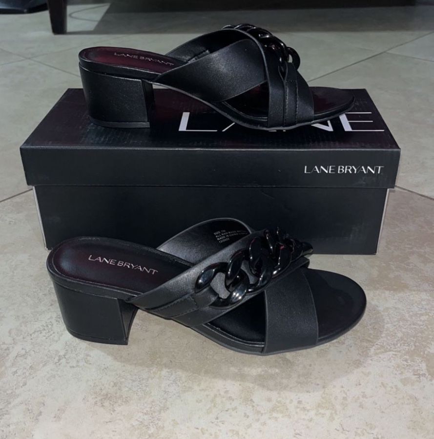 Lane Bryant Women’s Chain Cross Front Block Heels Shoes / Sandals, Size 7W
