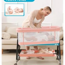Bedside Bassinet for Baby, 3 in 1 Breathable Mesh Baby Bassinet, 6 Height Adjustable, Easy to Fold, Bassinet Bedside Sleeper with Wheels, Mosquito Net
