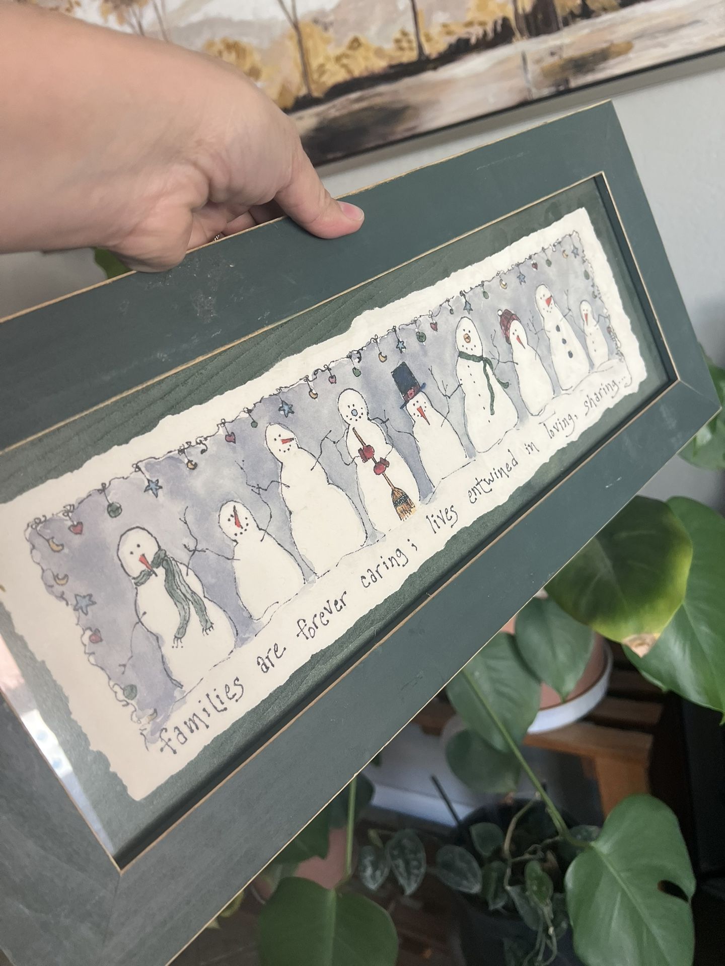 Vtg Christmas Snowman Green Wood Framed Art Decor 9x19in