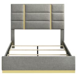 Gray Upholstered Bed Frame with Gold Accents QUEEN