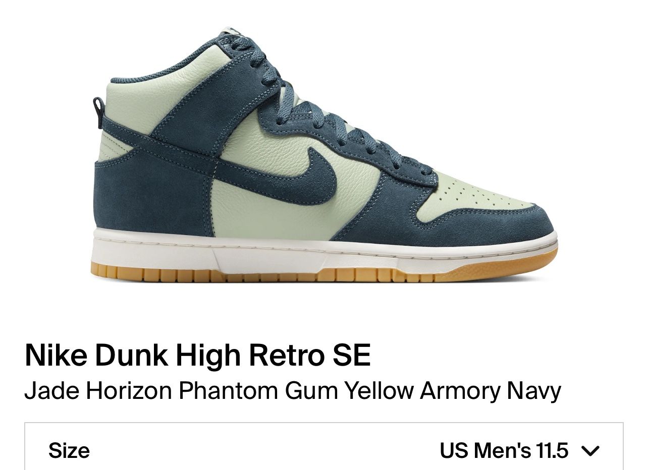 NIK DUNK HIGH RETRO SE JADE HORIZONPGANTOM/GUM YELLOW/ARMORY NAVY FZ4739 300 MEN SIZE 11.5