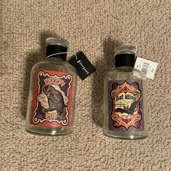 HALLOWEEN DECORATIONS  - BRAND NEW 2 GLASS BOTTLES WITH LABELS FOR ONLY $6.00