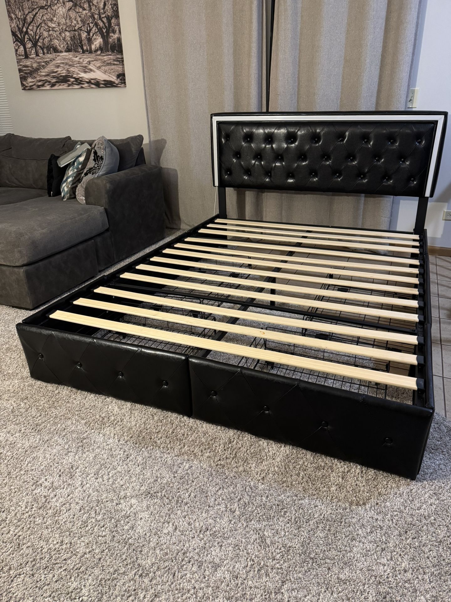 Black Queen Size Upholstered Platform Bed with 4 Storage Drawers, PU Leather Bed Frame 