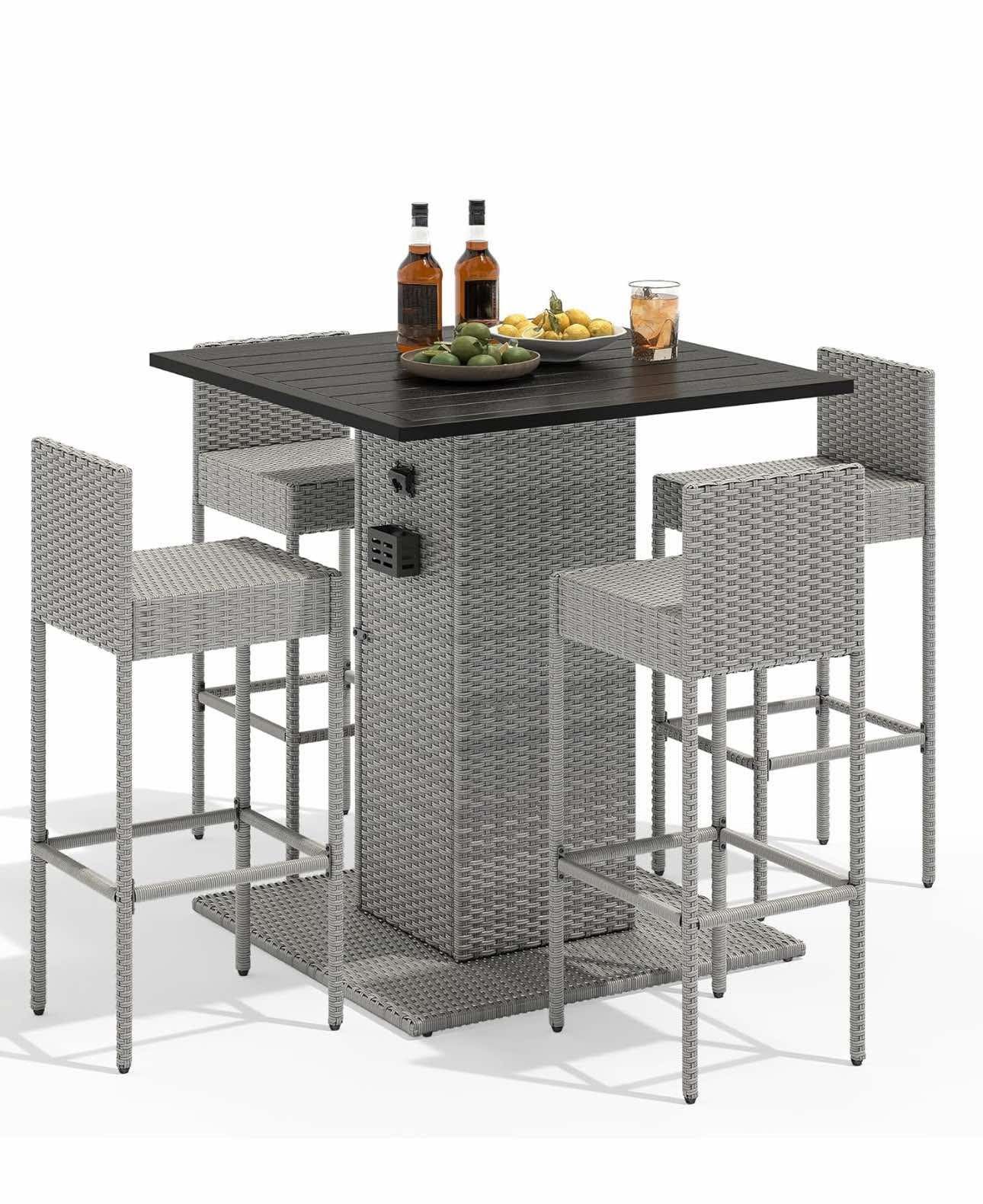 Pick Up: 5-Piece Outdoor Wicker Bar Set with Built-in Bottle Opener, Metal Tabletop, Hidden Storage Shelf, 4 Stools with Backrest for Patios, Backyard