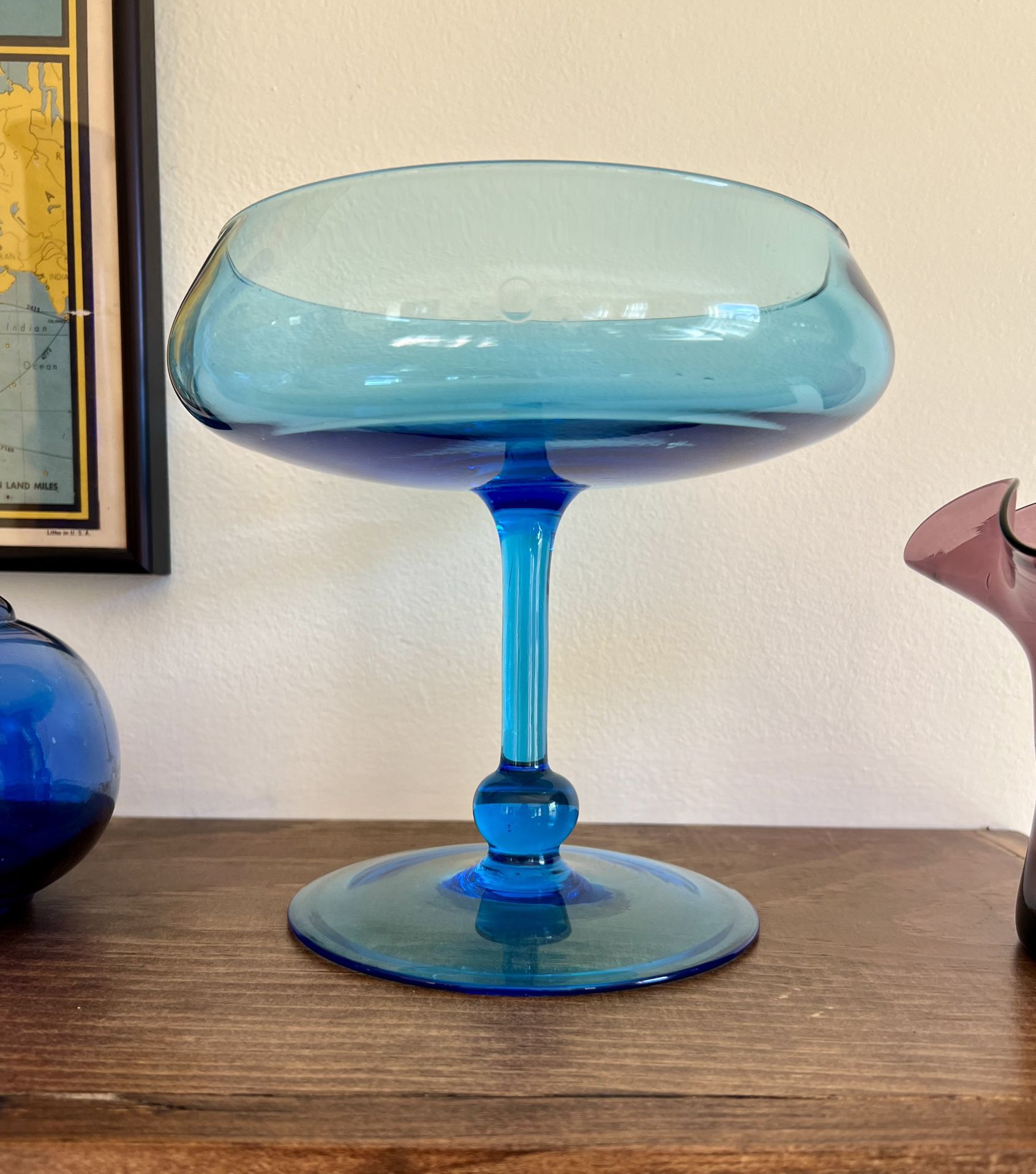 Vintage MCM Peacock Blue Glass Pedestal Compote