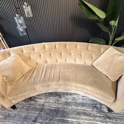 Neutral Crescent Sofa with Tufted Back & Pillows
