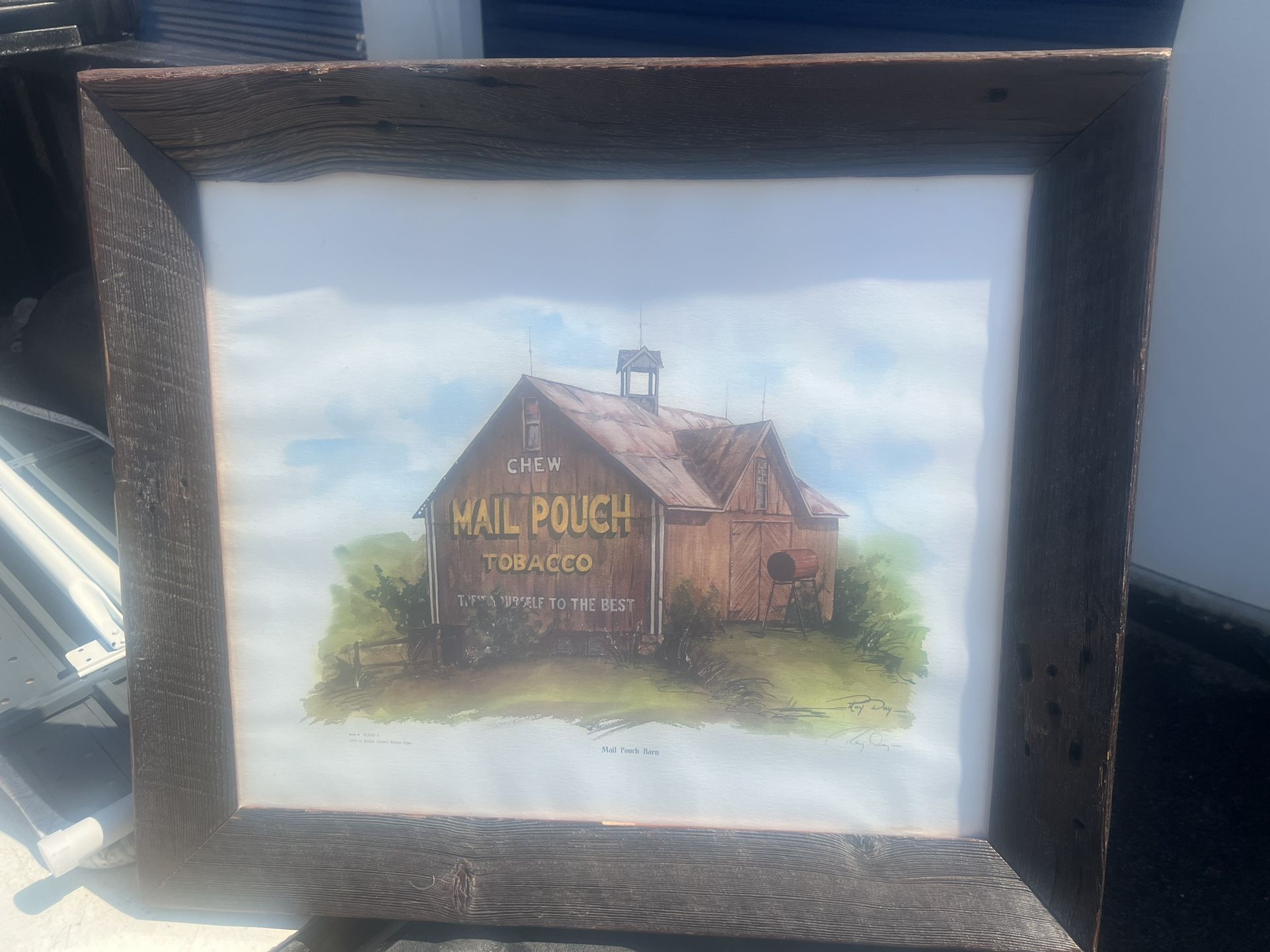 Mail Pouch Tobacco Barn In Rustic Wooden Frame 29 1/4” wide  25” tall 