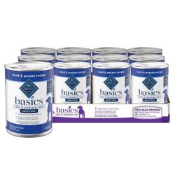 4 Cases of Blue Buffalo Basics Skin & Stomach Care Adult Grain-Free Duck & Potato Recipe Wet Dog Food, 12.5-oz can, 12 count
