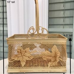 Metal & Rattan Shabby Cream Basket with Leaf Accents & Handle 