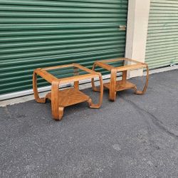 Vintage 1970s Oak & Glass Bentwood Side Tables End Tables Retro Postmodern Mid Century Boho