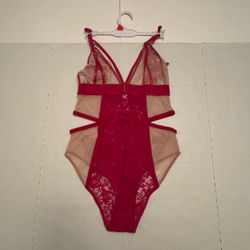 NWT French Affair Bodysuit One Piece Lingerie Lace Sheer Cerise Pink Tan Women Size Medium