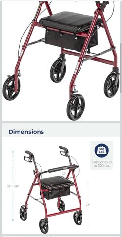 Drive Medical Aluminum Rollator Fold Up and Removable Back Support, Padded Seat with 7.5-Inch Casters, Dark Red Walker