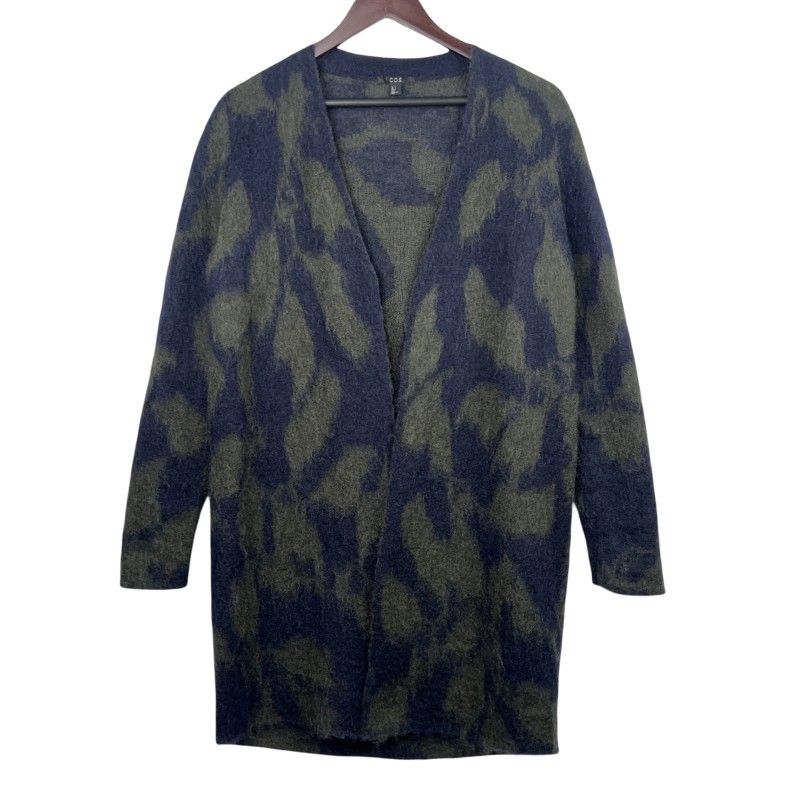 NEW COS Size Small Mohair Wool Blend Animal Print Long Cardigan in Green Navy