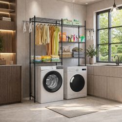 Over Washer and Dryer Storage Shelves, 5 Tiers Laundry Room Drying Rack with Hanger Rod and Hooks, Two Rows Adjustable Washer Shelves Space Saver, for