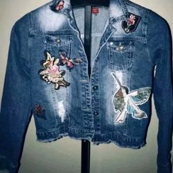 Saks Fifth Avenue Denim Jacket Size Small PS Patches Ripped Distressed Cropped