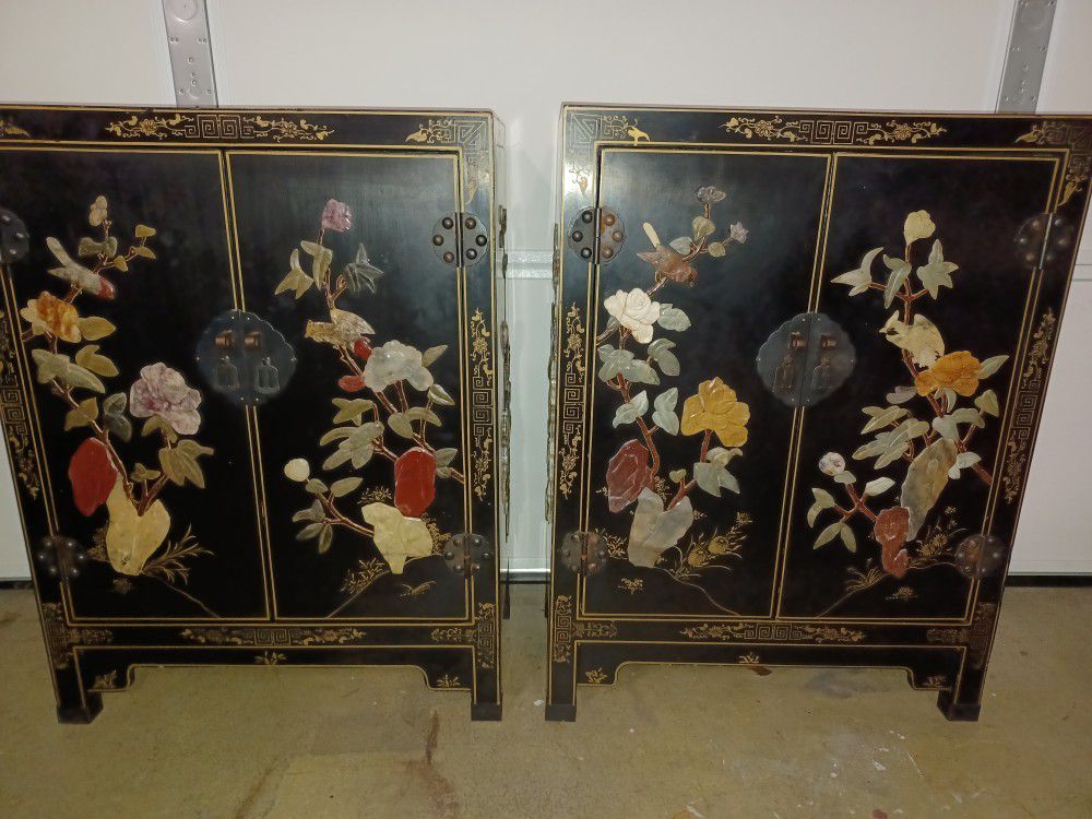 2 Soapstone Inlayed On Black Lacquer Oriental Cabinets
