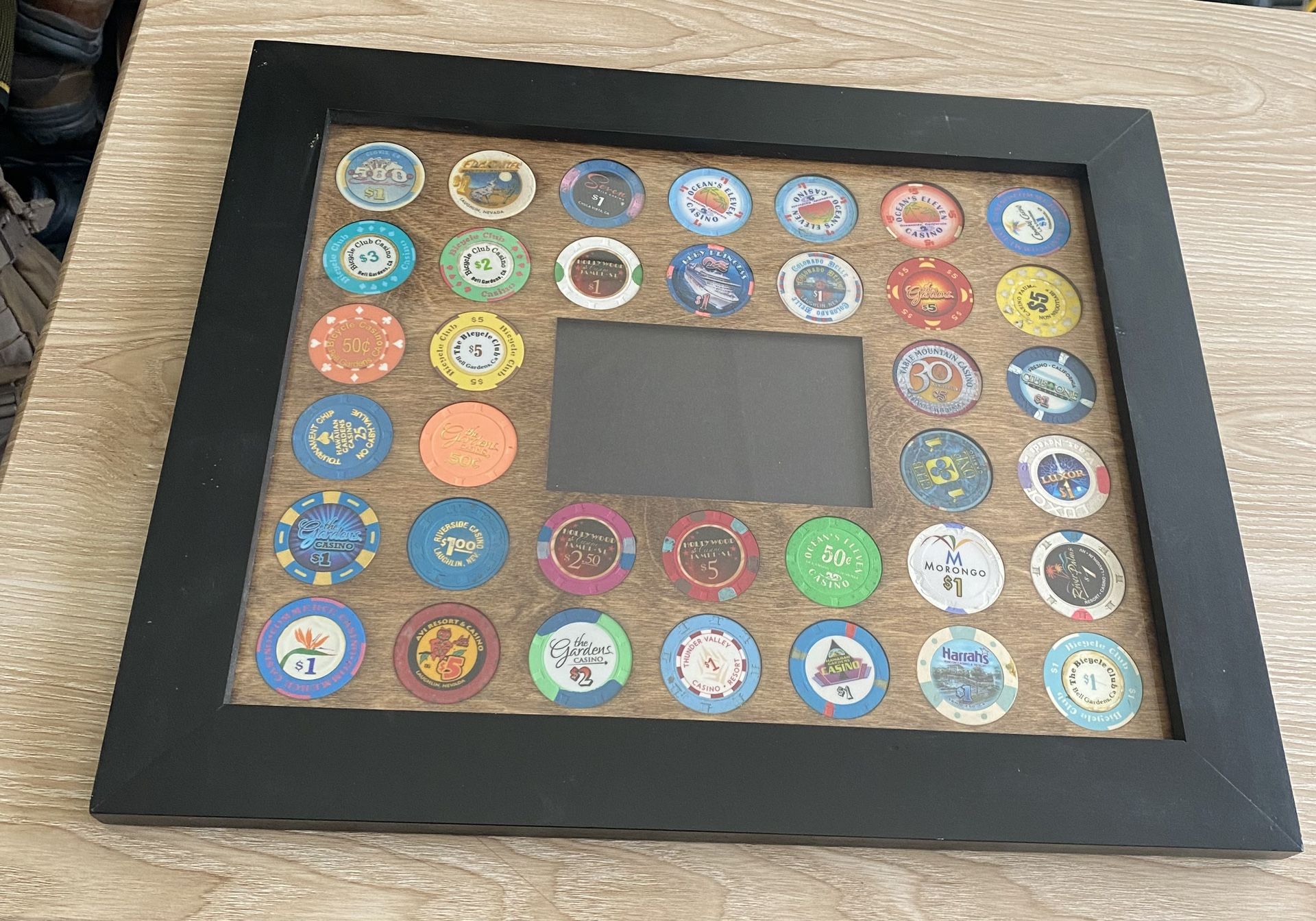 Poker Chip Display Frame Insert For 36 Casino chips & center photo.