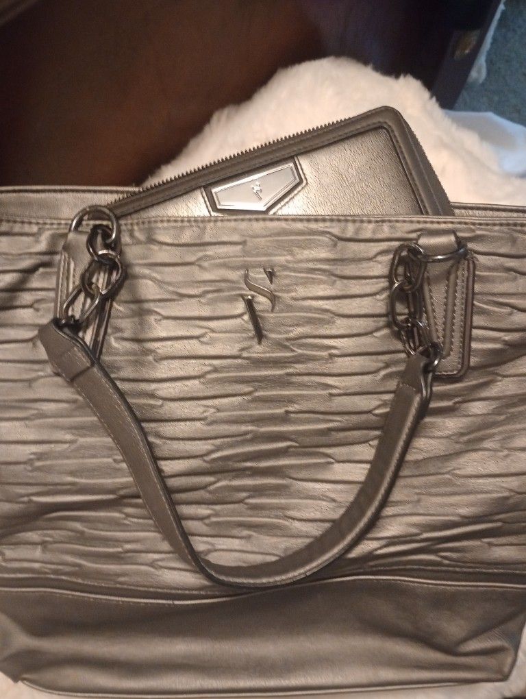 Vintage Vera Wang Gray/Top Handle Purse /Gray Shoulder Bag With Matching Wallet
