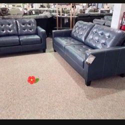Real Leather Blue Sofa Loveseat ☄️ Brand New❇️