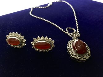 Brown Agate Sterling Silver Necklace And Earrings Set