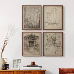 Vintage Sketch LXXX Framed Print - Set of 4 14" x 44" Natural Frame Color