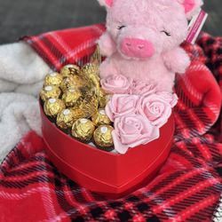 Heart Box,Ferrero Chocolate,pink Flowers,pig