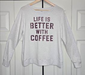 Secret Treasures Pullover Sweatshirt White Coffee Graphic Crew Neck Women's Medium