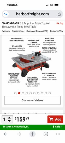 Diamondback 7” Tabletop Wet Tile Saw