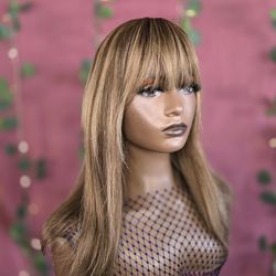 18" human hair with bangs  blonde mixed brown highlights new human hair wig
