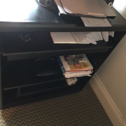 Black Computer, Fax or storage unit. 4 levels of storage. 36”wide, 19 deep, 30 1/2 tall. 