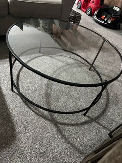 Modern Round Glass Coffee Table – Black Metal Frame