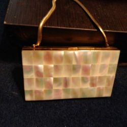 Vintage Brass Mother Of Pearl Purse Cigarette Case Compact Mirror With Other Little Hard Purse With It
