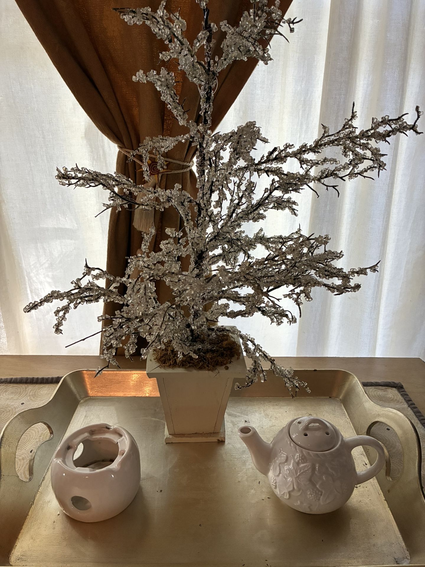 Crystal Tree , Tea Pot And Candle Holder. 3 Piece Bundle