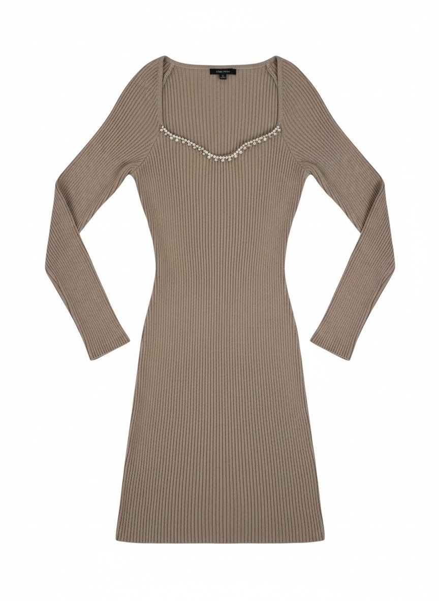 New Ribbed Knit Beige Pearl Square Neck Long Sleeve Dress - Perfect for Holidays Size M