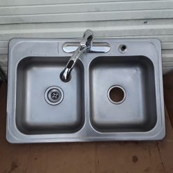 Double Stainless Steel Sink With Faucet 39" X 22" Like New. 
