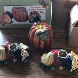 Thanks Giving Greetings 3 PCs  Ceramic  Taper Candle  Holder 