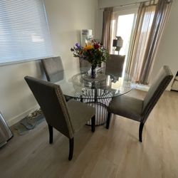 Modern Round Glass Dining Table & 4 Studded Fabric Chairs