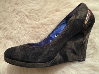 PENDING Diesel Industry Black Denim Wedges Sz 8