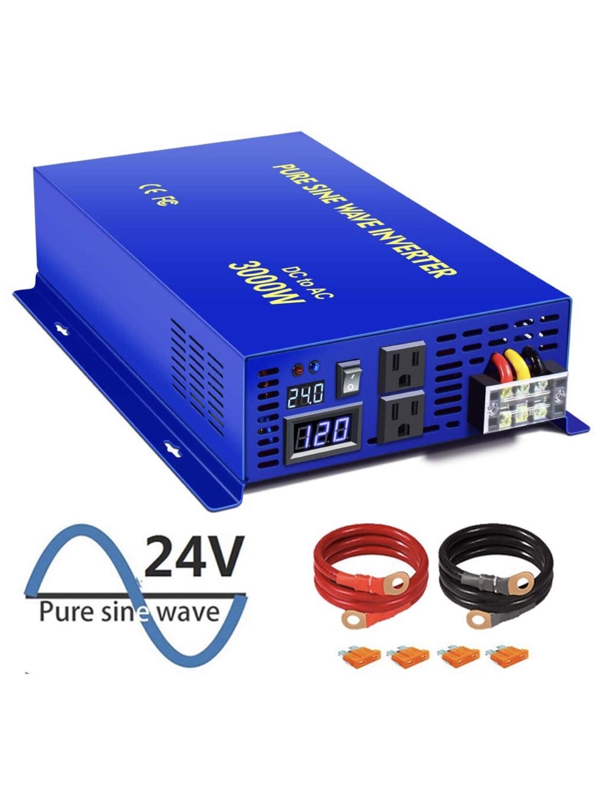 XYZ INVT 3000W Pure Sine Wave Power Inverter 24V DC to 120V AC with 2 AC Outlets 2 Sets of Battery Cables, Power Converter Generator for Home Solar S