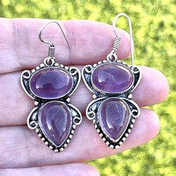 Natural Genuine Amethyst Silver 1.7” Earrings