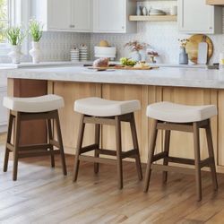 Stools Set of 3, Barstools with Sturdy Wood Legs. Antique White Leather