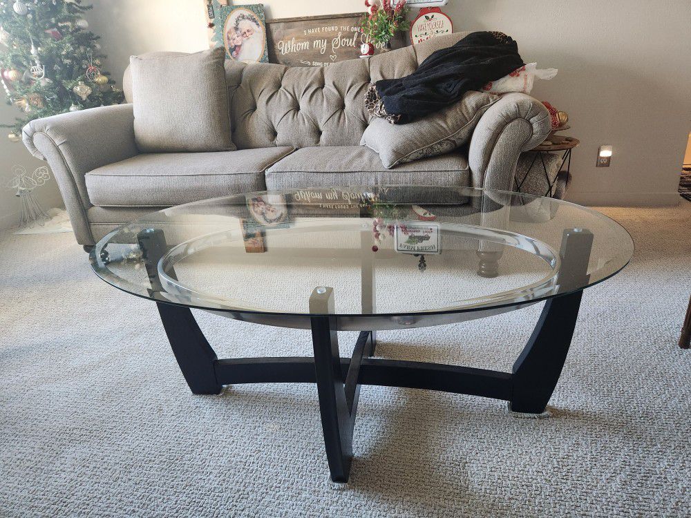  Bobs Furniture Matinee 3 Pieces   -1  Coffee Table and 2 Glass End Tables. Black And Silver