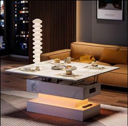 LED Lift Top Coffee Table with Charging Station, Modern High Glossy Coffee Table with LED Light, 3 in 1 Multifunctional Coffee Table with Storage & Hi