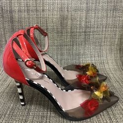 -Betsy Johnson Savvie red and black ankle strap pumps 