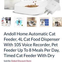 Andoll Home Automatic Cat Feeder, 4L Cat Food Dispenser With 10S Voice Recorder, Pet Feeder Up To 8 Meals Per Day, Timed Cat Feeder With Dry